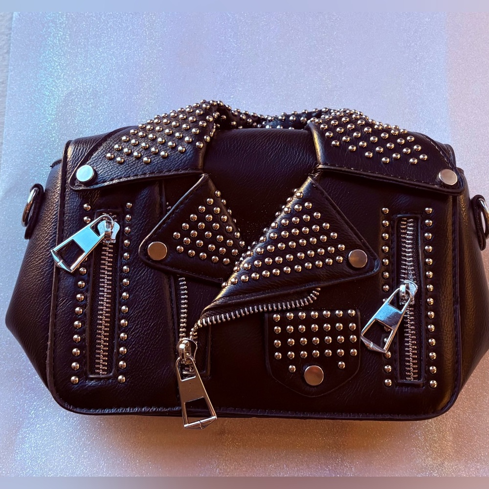 Motorcycle Jacket Inspired Studded Black Leather Crossbody or Clutch Bag NWWT